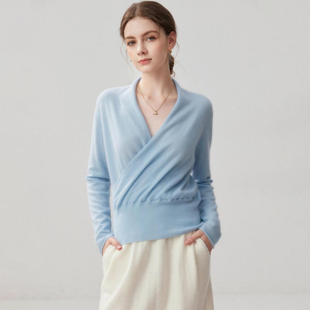 Velvet Cashmere Silk Women's Cross V-neck Sweater with Waist-cinching Knit
