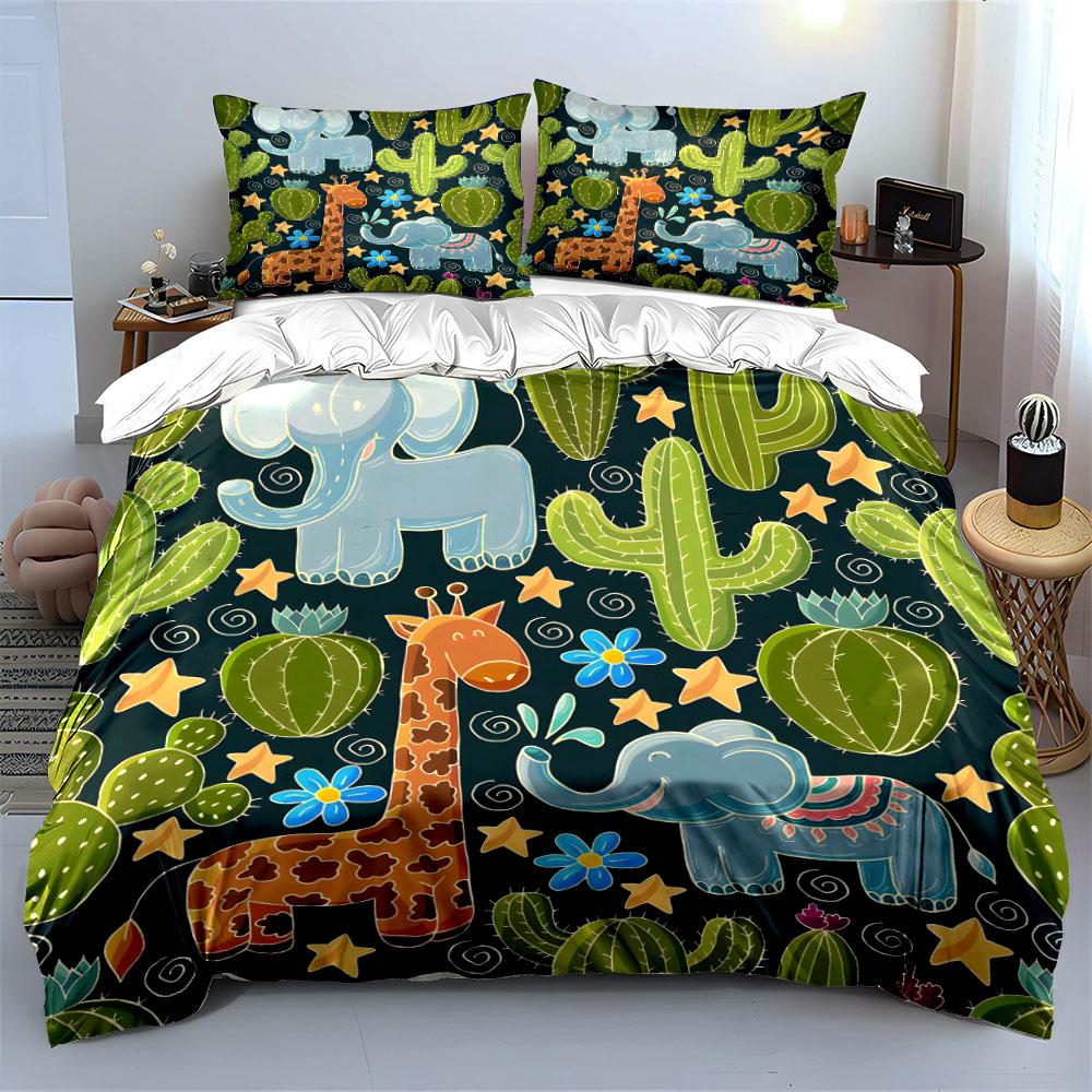 Cartoon Safari Animals & Cactus Bedding Duvet Cover Set  (1*Duvet Cover 2*Pillowcases, Without Duvet Insert)