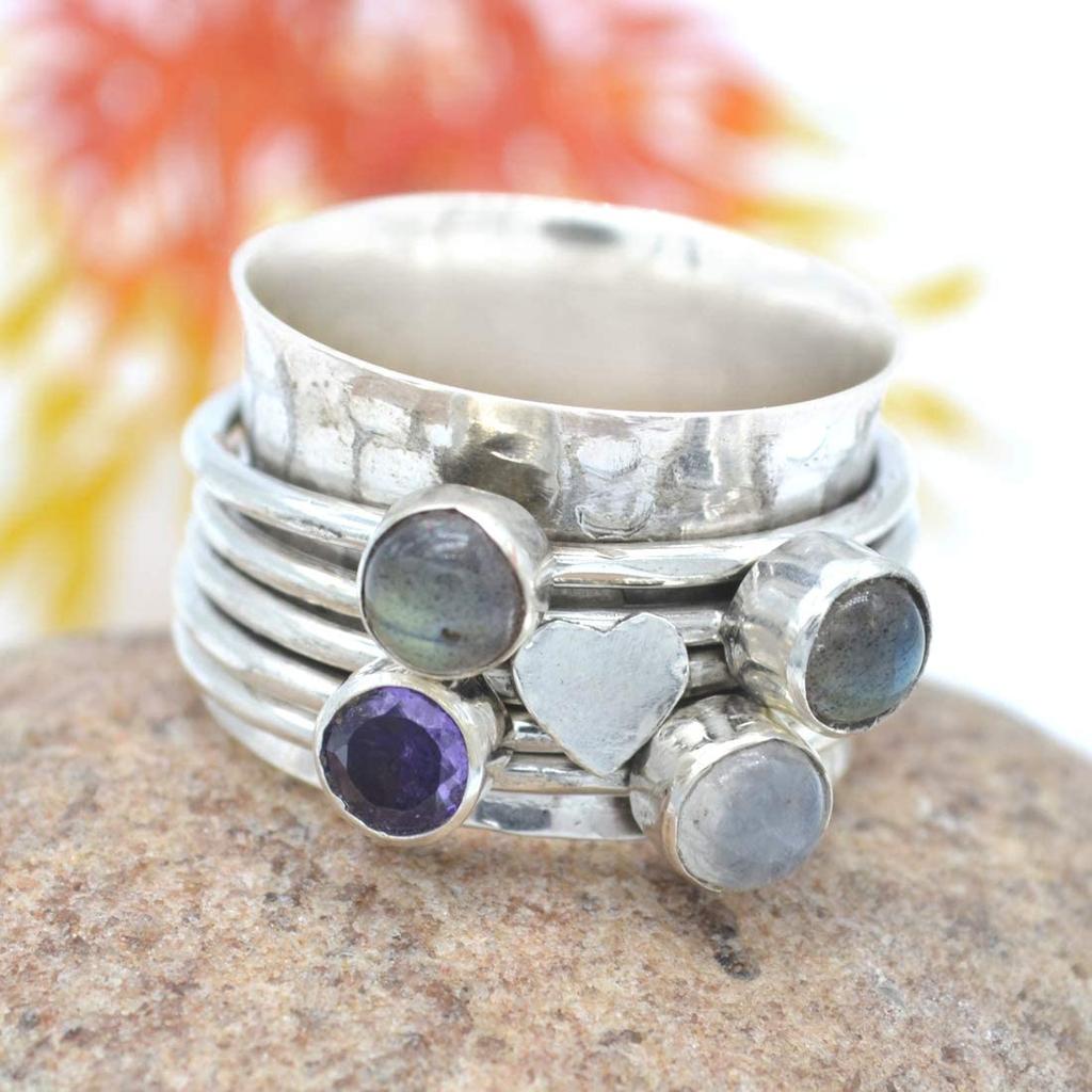 925 Sterling Silver, Multi Gemstone Ring, Handmade Spinner Ring, Boho Jewelry, Designer Ring, Statement Ring. Spinner Band