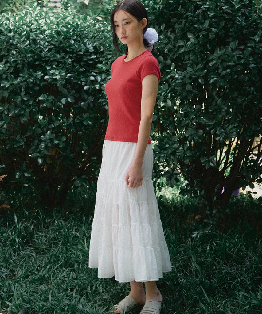 Ridge Shirred Long Tiered Skirt (Off-White)