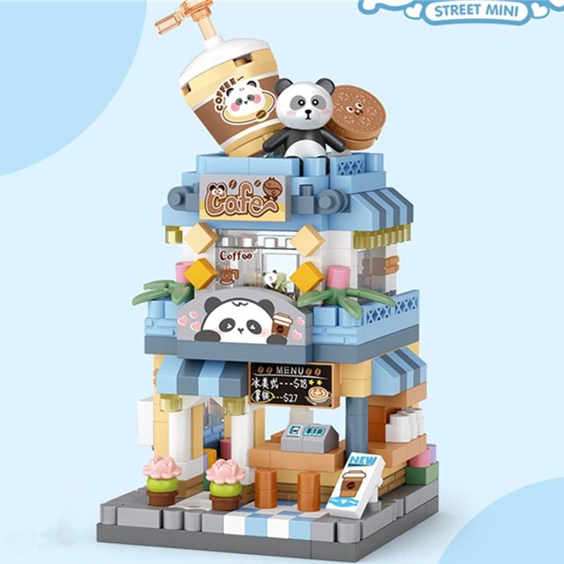 Latest Panda Pet Zoo Coffee Shop Store Fold Street View Shop Food House Construction Blocks Kit Girls Blocks Model Kids Plaything Children