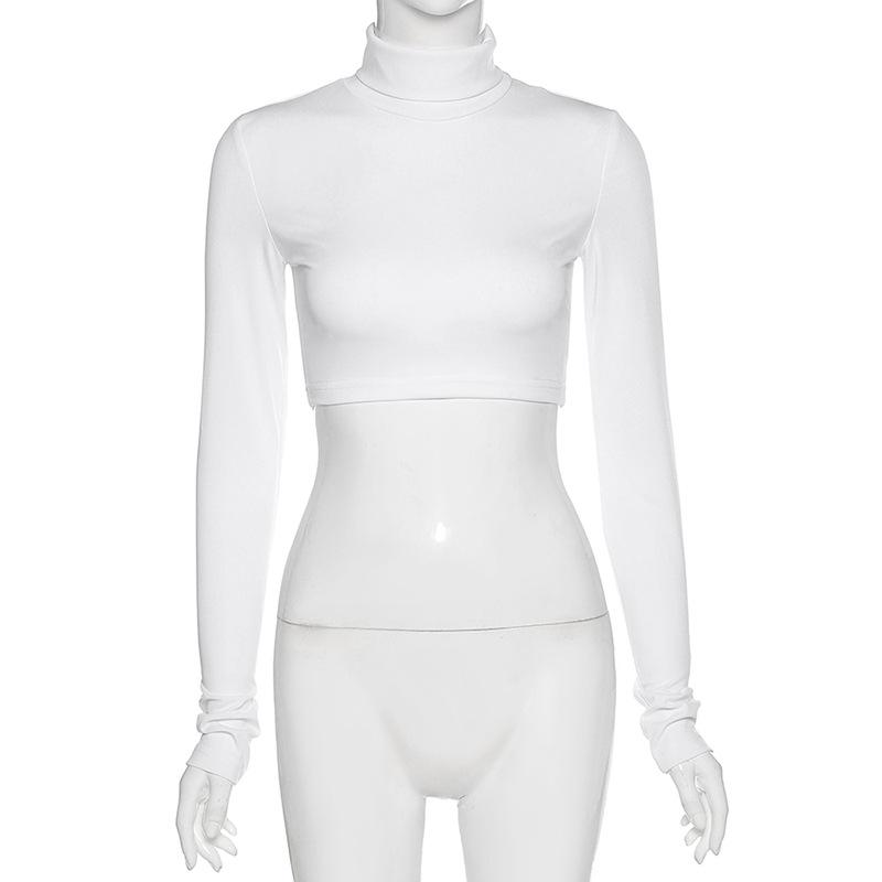 T-shirt à col roulé pour femme, gaine basique, couleur unie, extensible, décontracté, sous-vêtement féminin, assorti avec tout, pour activités de rue, hauts courts, automne