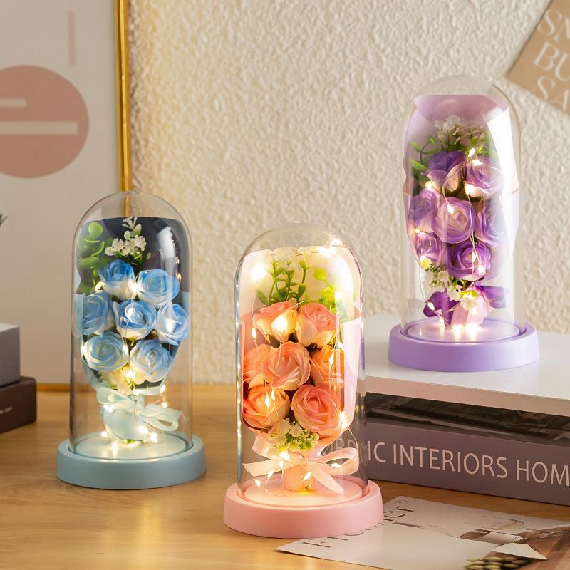Eternal Rose Glass Lampshade with Baby's Breath Dried Flowers - Valentine's Gift Soap Flower Lamp