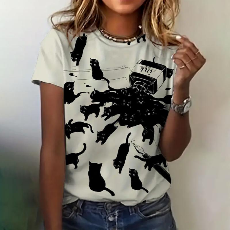 Cat Women Clothing Print Tshirt Summer Crew Neck Short Sleeve Loose Casual Top Cute Print Short Sleeve Womens Fashion Tshirt