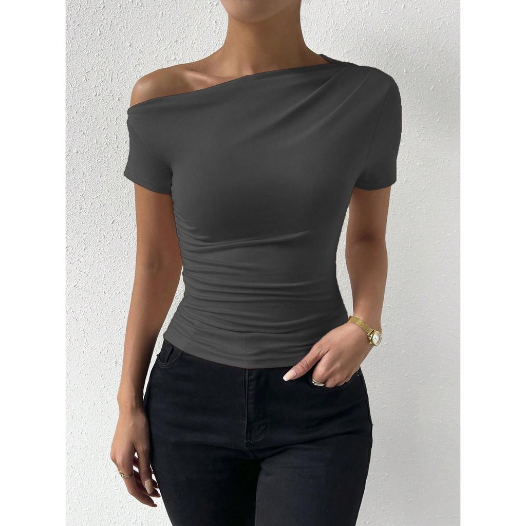Dames Schuin Hals Korte Mouw Slim Fit Gerimpeld Top Effen Kleur Casual Blouse