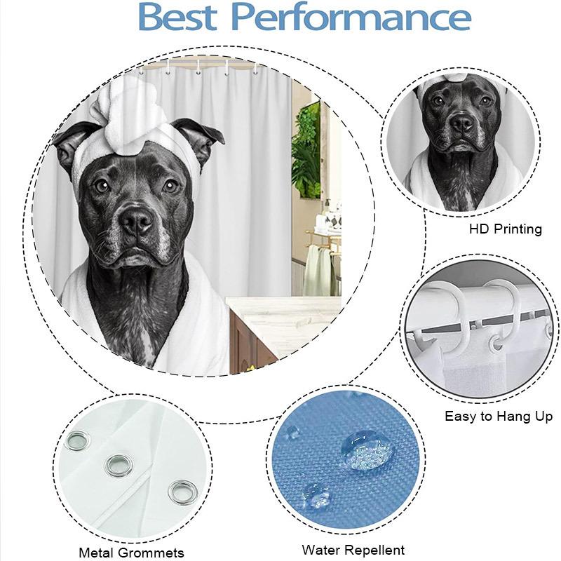 Peignoir et Rideau de Douche Pitbull - Design Chien Noir et Blanc, Comprend un Turbant et un Peignoir, Polyester, 70,8 x 70,8 Pouces, Lavable