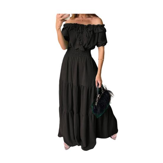 Rochie Maxi de Vară pentru Femei cu Umeri Goi, Volane, Mânecă Scurtă, Talie Înaltă, Croială A-Linie, Fluidă, de Plajă, Lungă