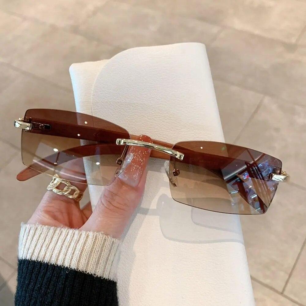 Rimless Sunglasses For Men Women Wooden Pattern Luxury Retro Sun Glasses Fashion Shades UV400 Travel Outdoor