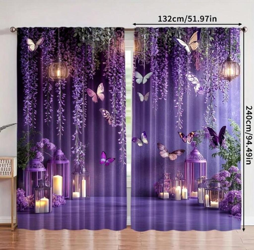 Purple butterfly print curtains, pole bag curtains, bedroom and living room, home decoration, room decoration
