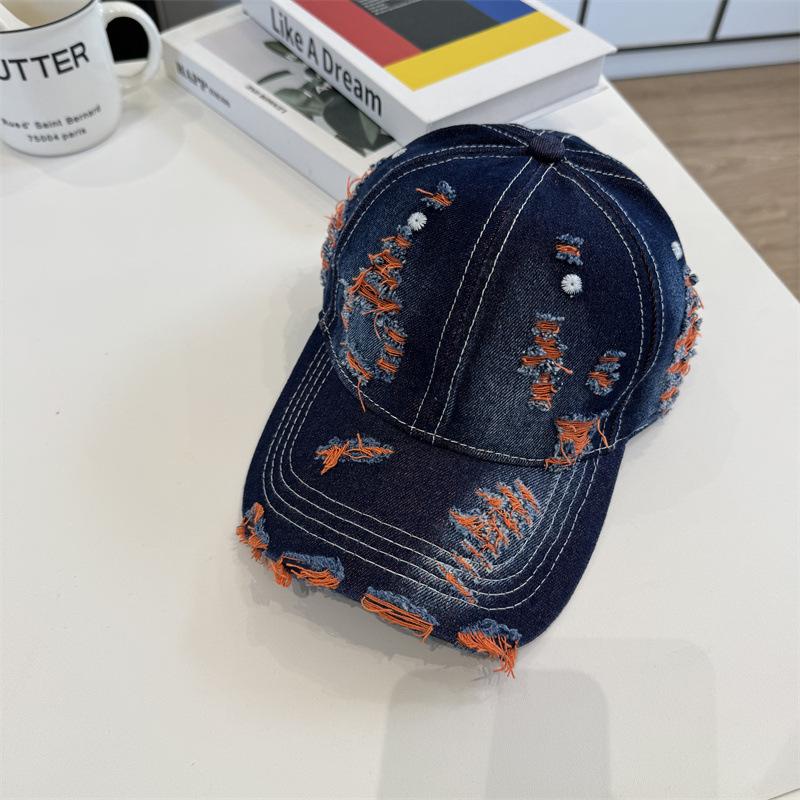 Retro Solid Color Denim Baseball Cap Personalized Fashion Hole Do Old Cap Trendy Men and Women Street Hip Hop Sun Hat