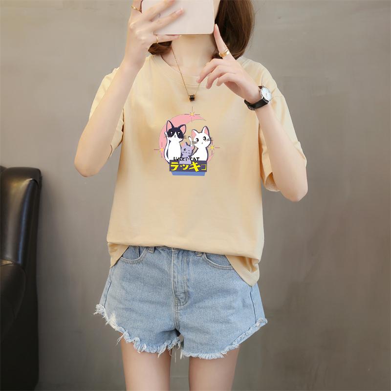 Harajuku niedliche Cartoon-Print Kurzarm-T-Shirts Damen Sommer reine Baumwolle Lässig locker Studenten-T-Shirt Damen Y2k Oberteile