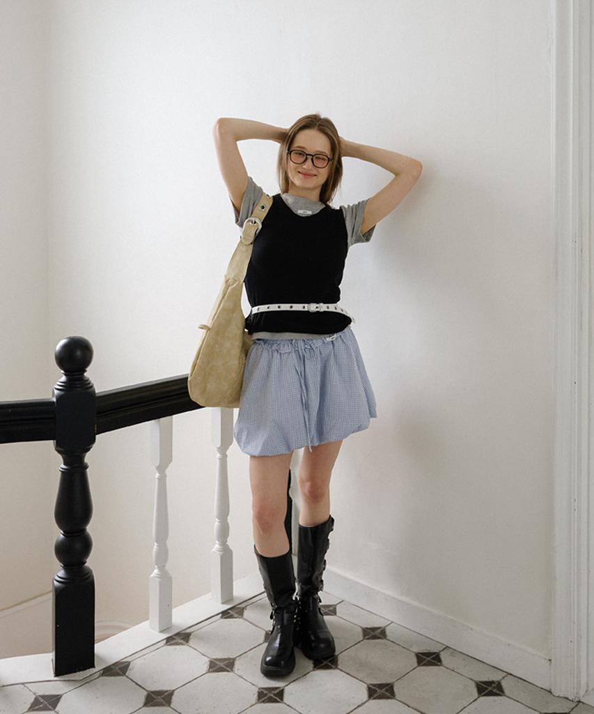 Leteoli Check Frill Ballon Skirt_Blue