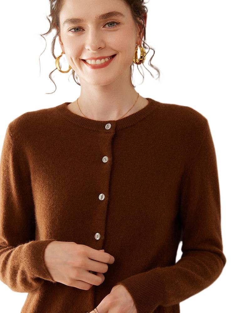 Women's Medium-Thick Cashmere Round Neck Single-Breasted Cardigan Sweater - Spring/Autumn