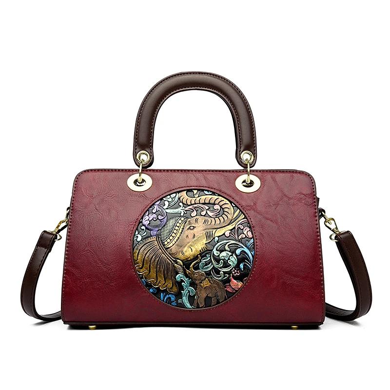 Retro Chinese Women's Handbag  New PU Luxury Material Traditional Relief Craft Elephant Pattern Women's Shoulder Bag