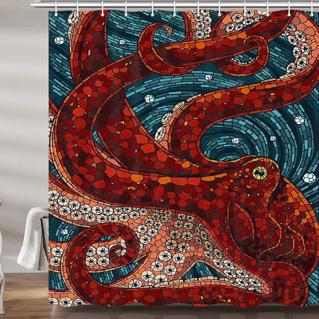 Octopus Shower Curtain for Bathroom Cool Ocean Nautical Red Kraken Fabric Shower Curtains Set Trippy Funny Restroom Decor