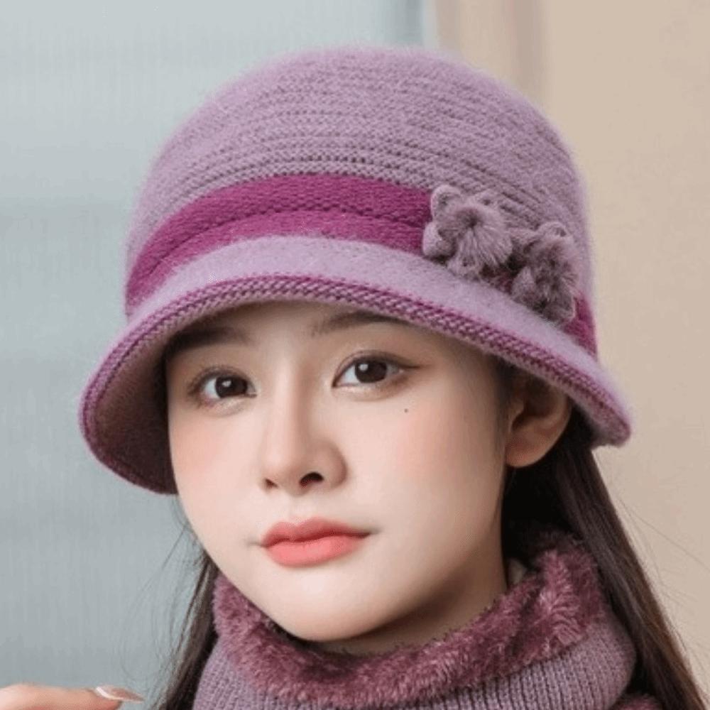 Plush Floral Decor Hat Warm Knit Basin Cap Fashion Middle-aged Elderly Bucket Hat Outdoor
