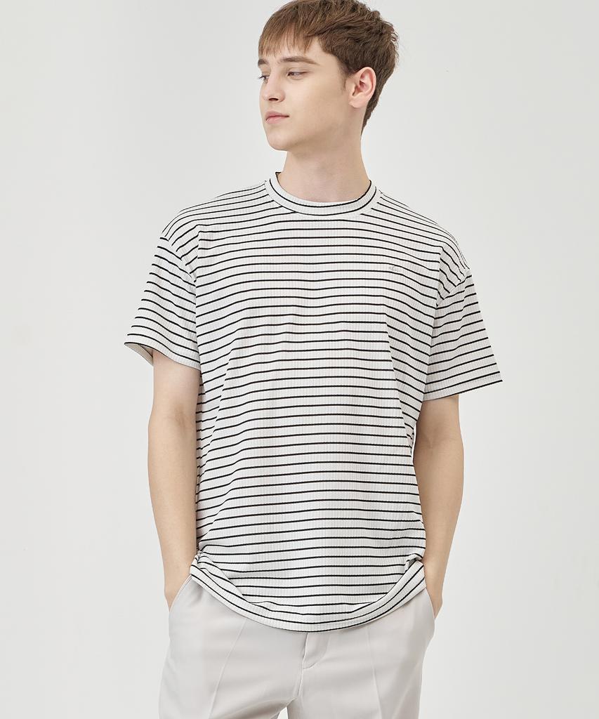 THE-ABON Mulle Striped Stretch Short Sleeve T-Shirt Navy