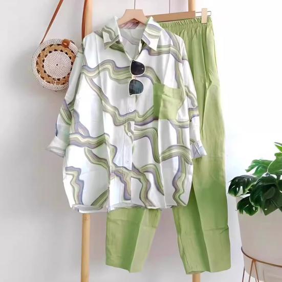 Women's Stripe Two Piece Outfit Long Sleeve Lapel Button Down Shirt Blouse And Pants Set Summer Casual Tracksuit