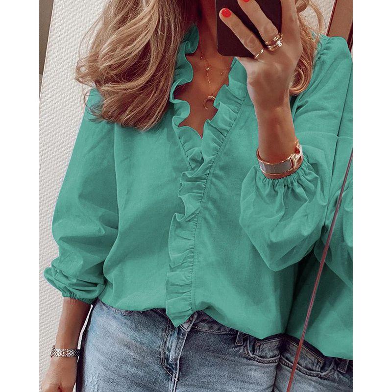 Elegant Womens Long Sleeve Shirts Blouse With Ruffle V Neck And Plus Size Options