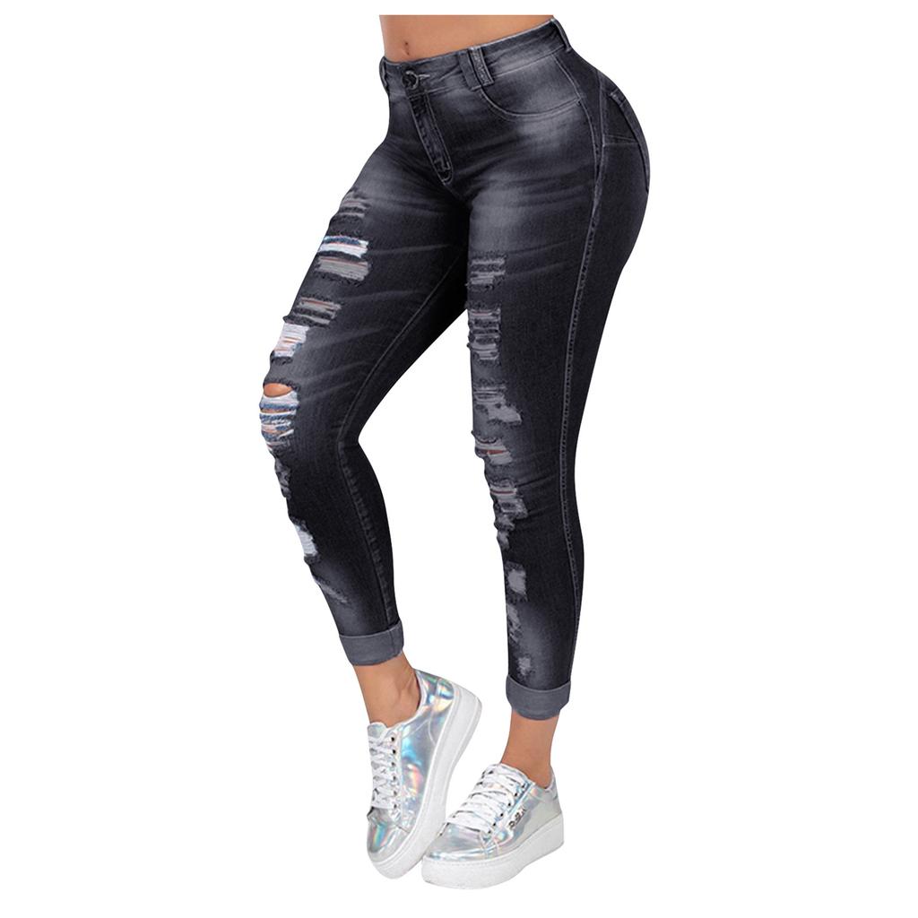 Women Fashion Jeans Casual Jeans Slim Fit Female Ripped Fringe Jeans