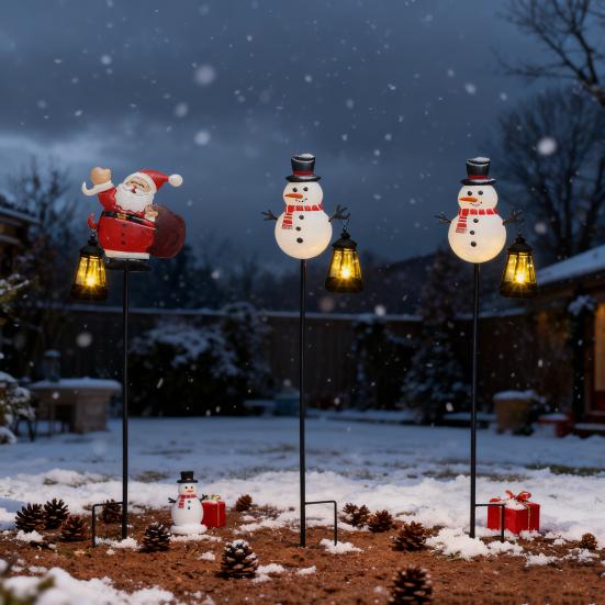 Solar Christmas Lawn Light Outdoor Lighted Santa Claus Garden Stake Metal Snowman Sign with Solar Lantern Waterproof Xmas Decor