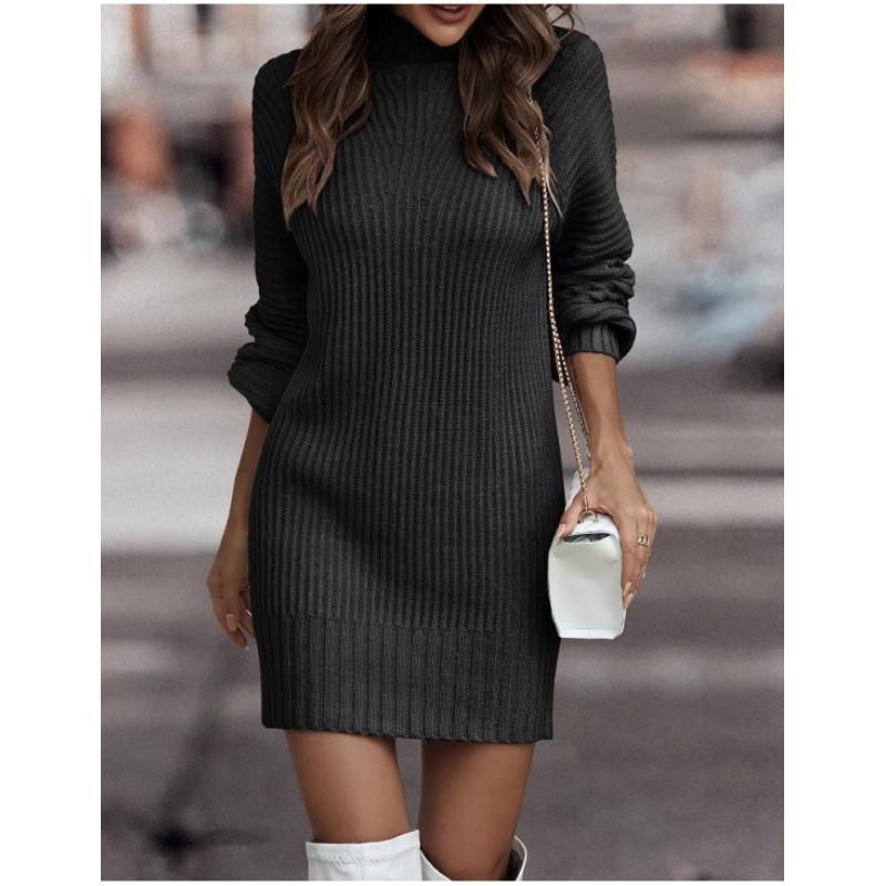 Women's Autumn and Winter Solid Color High Neck Long Sleeve Sweater Spring Slim Mid-Length Commuter Dresses