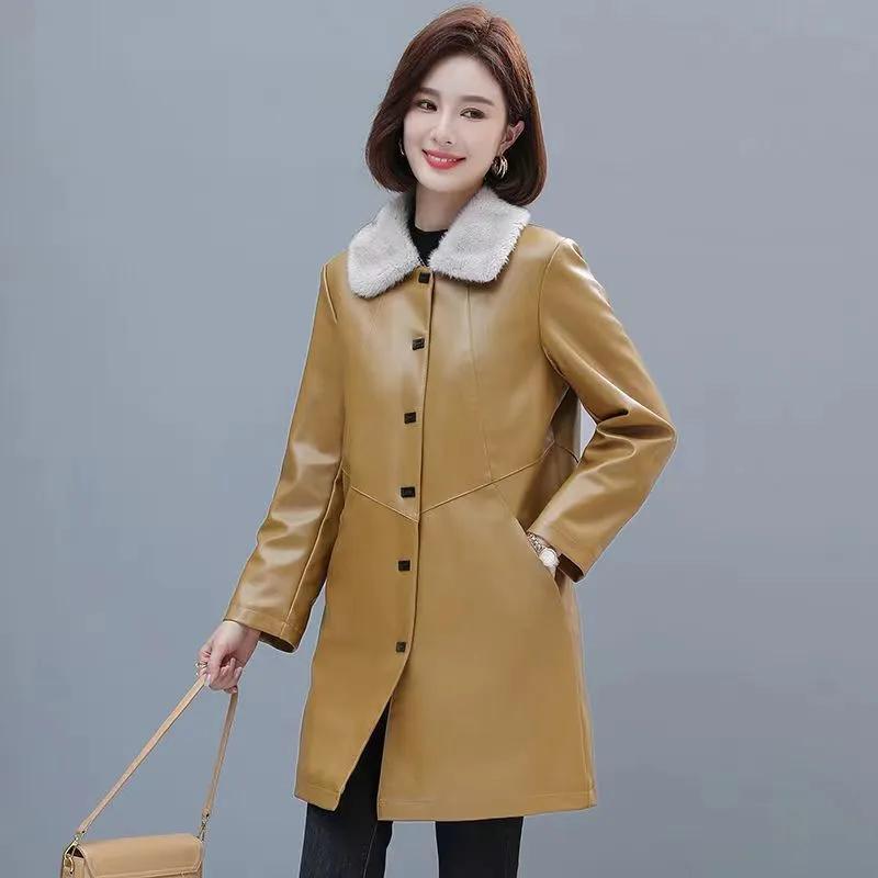 Haining Herbst und Winter Plus Baumwolle Winter Dicke Lederjacke PU Westernstil Mittellang Locker Damen Windjacke