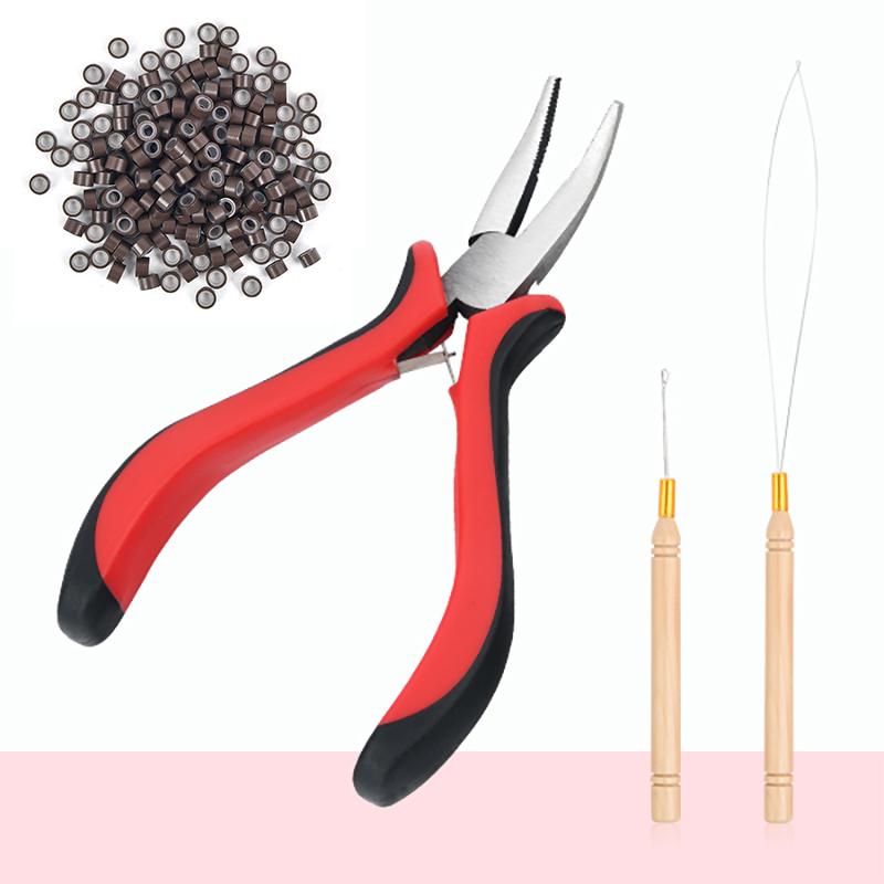 Haarverlängerungsset Einfädler Zughaken und Haarverlängerungszange und 200 Stück 5 mm Ringe