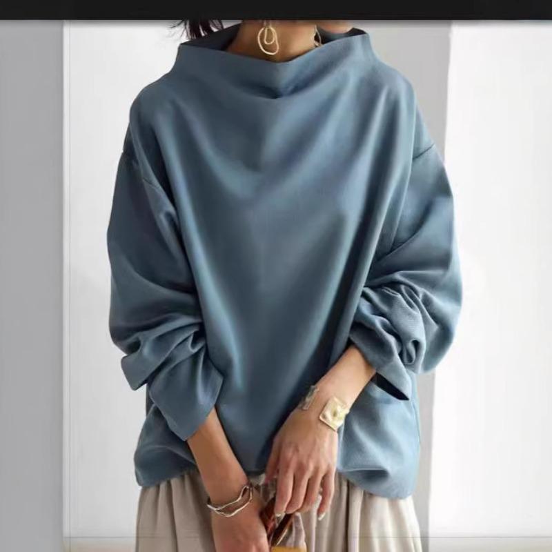 Women S Loose Casual Pullover Sweatshirt Half High Neck Long Sleeve Solid Color