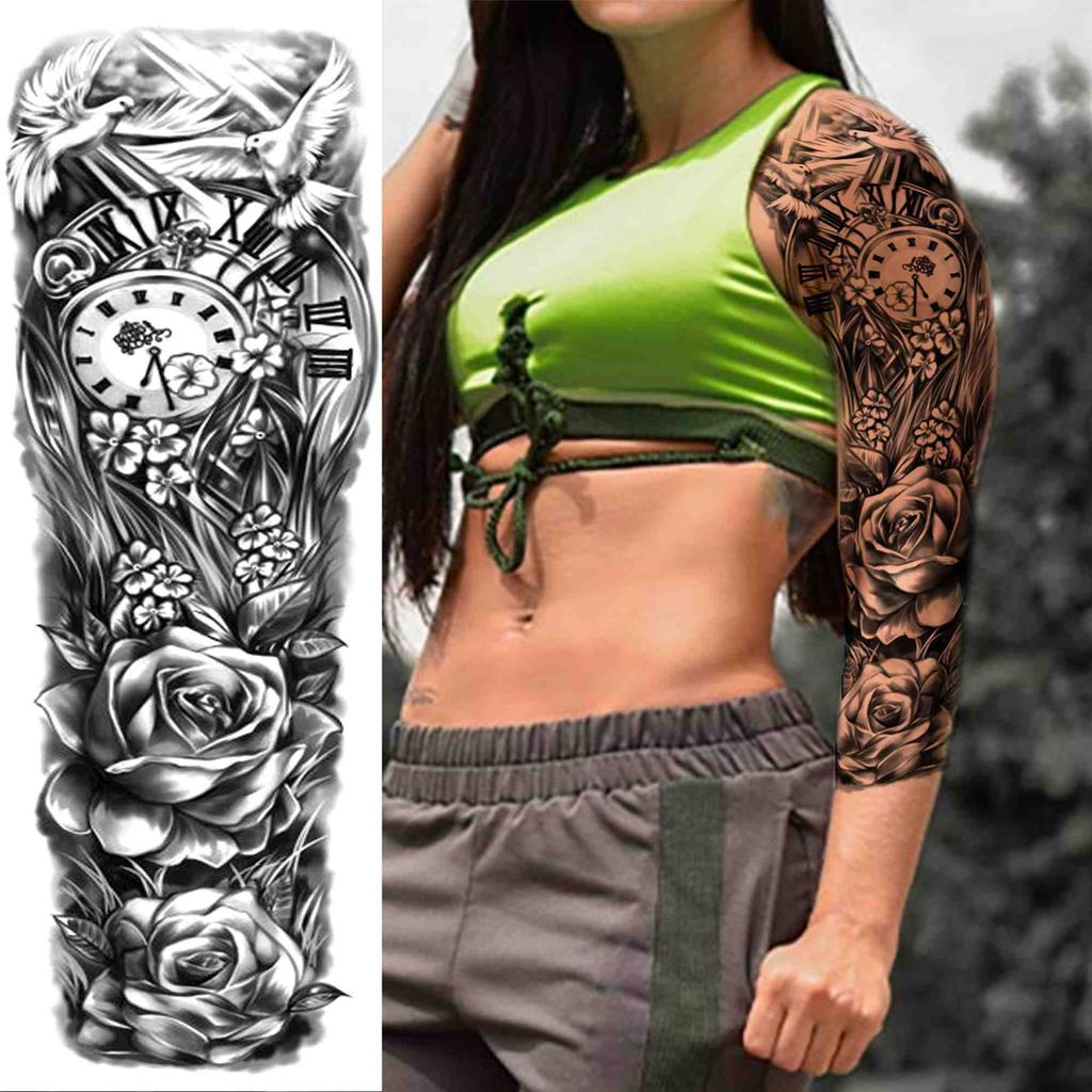 Compass Lion Temporary Tattoos Sleeve For Men Women Adult Realistic Fake Wolf Angel Tattoo Sticker Water Transfer Full Arm Tatoo