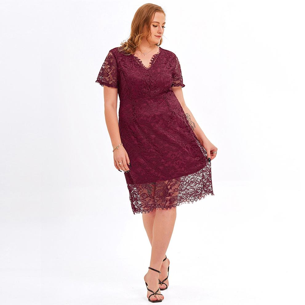 Women's Plus Size Relax Fit Shift Dress Floral Lace Scalloped V Neck Short Sleeve Midi Cocktail Party Wear Daily Work Office Occasion Outfits XL-4XL