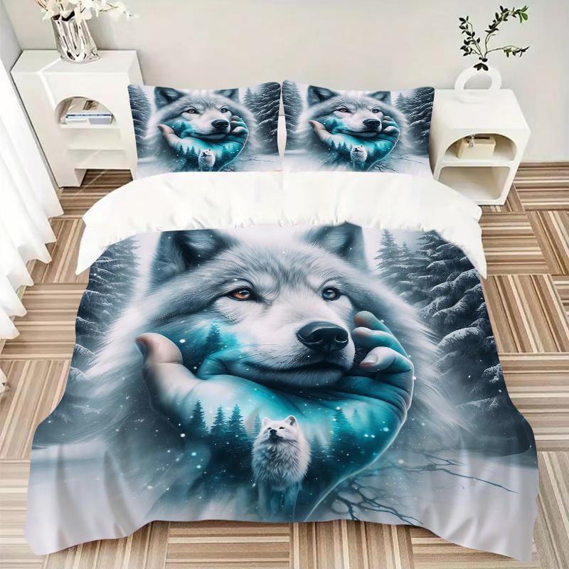 3pcs Wolf Amidst Snowy Forests Bedding Set - 1 Soft Quilt Cover + 2 Pillowcases, Machine Washable - Suitable