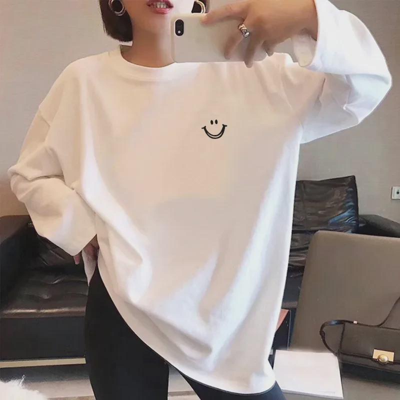 T-shirt de Algodão Solta de Manga Comprida para Meninas - Preto, Top Moderno de Primavera/Outono, Estilo Estudantil Versátil.