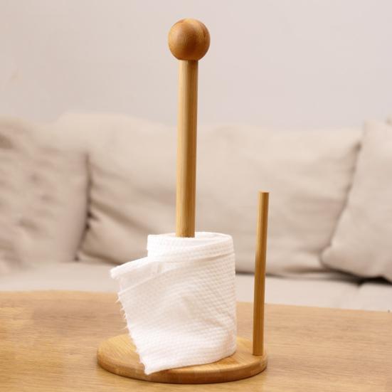Bamboo Paper Towel Holder Rustic Standing Paper Towel Organizer Roll Dispenser for Kitchen Countertop Bathroom Dining Table