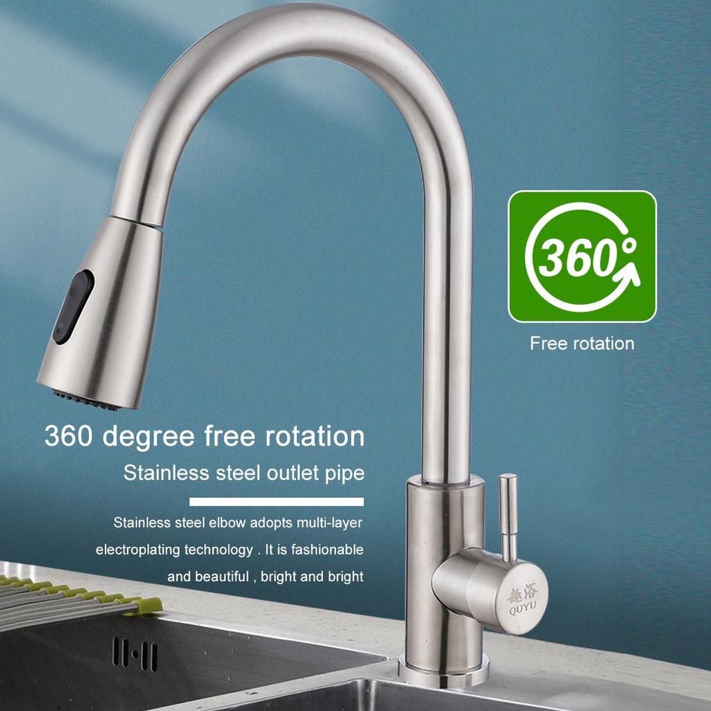 Rotatable Silver Stainless Steel Pull Out Type Faucet Sink Kitchen Water Mixer Taps Cold & Hot Water Head Nozzle
