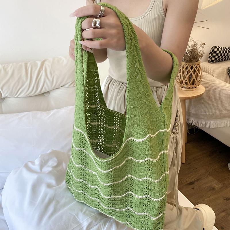 Knitted Large Capacity Stripe Pattern Crochet Tote Bag Beach Vacation Women's Hollow Shopping Shoulder Bags KTY
