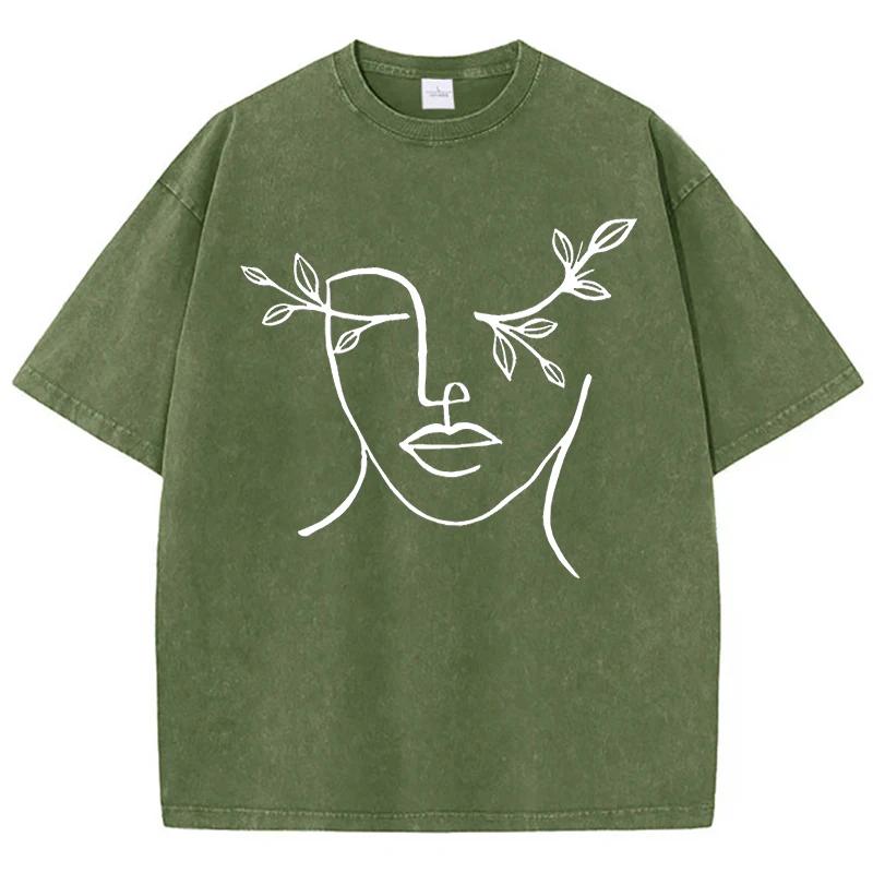 Sketched Face Printing Women Washed Short Clothing Breathable Summer T-Shirt Street Fashion Tops Harajuku O-Neck Short Sleeve