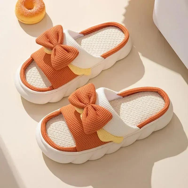 Pantoufles d'été en lin pour femmes, pantoufles d'intérieur confortables antidérapantes pour la maison, chaussures en coton, jolies pantoufles plates à nœud papillon, claquettes pour couples