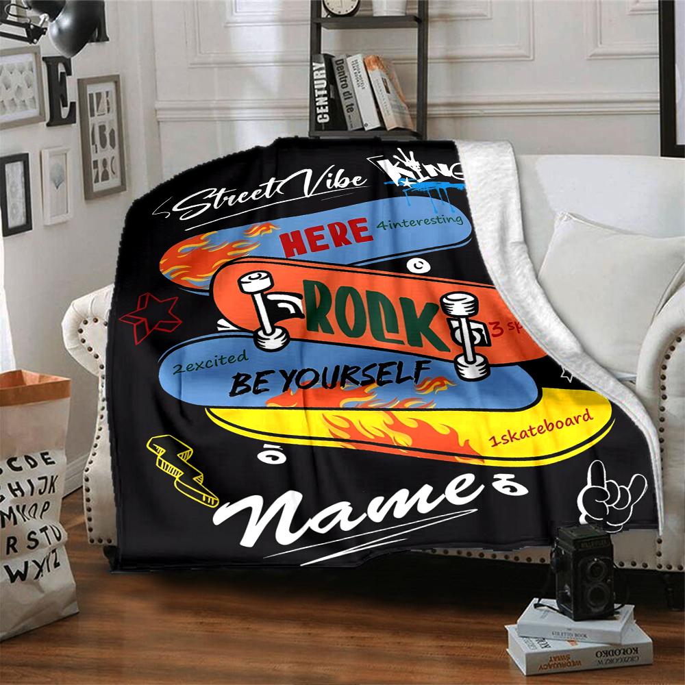 Custom Name Skateboard Theme Printed Blanket - Perfect for Couch, Bed, Travel & Outdoor Use | Machine Washable, Cozy & Durable.
