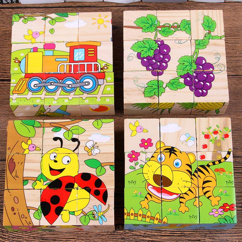 Baby Wooden Blocks Toys Children Six Side Cube Jigsaw Puzzles Game Animal Fruit Traffic Cognize Early Learning Educational Toys