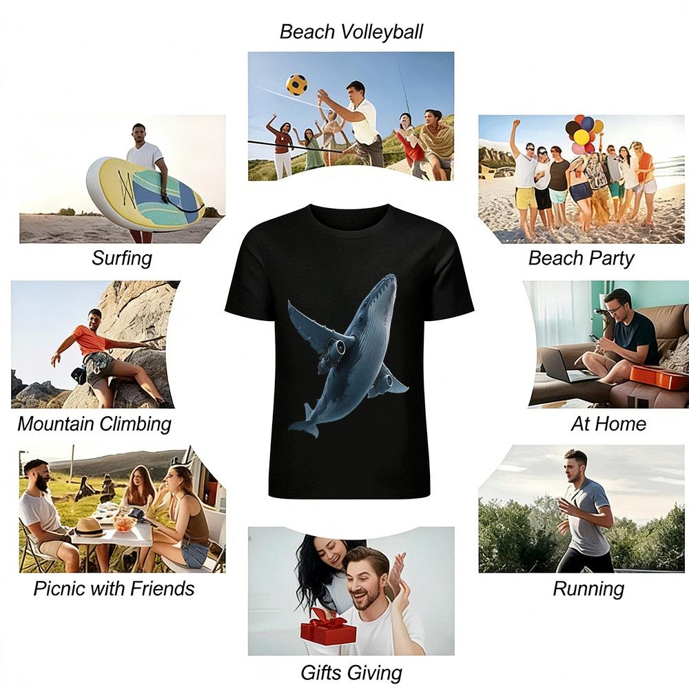 Mechanical Flying Whale Print Trendy Casual Short Sleeve T-Shirt Pure Cotton T-shirt