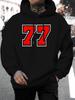 New 2025 Unisex No. 77 Letter Pattern Print Hoodie - Autumn And Winter Casual Knitted Fabric Pullover with Drawstring Hood, Regular Fit, 100%, Long Sl