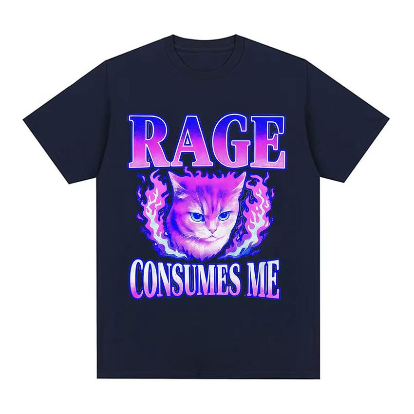 Rage Consumes Me Cat Angry Cat Retro Typography Funny Graphic TShirts Unisexs Women Vintage Aesthetic Cotton Short Sleeve T Shirts