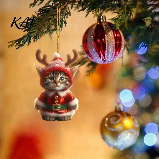 Holiday Gift Packaging Embellishments Santa Cat Christmas Ornament, Acrylic Car Mirror Hanging Decor with Cute Reindeer Antlers, 2D Bag Charm