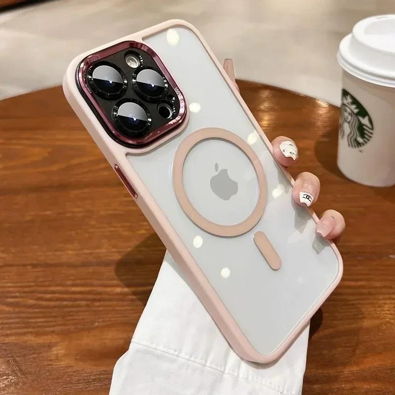 Capa Magsafe Transparente de Luxo para iPhone 16 15 14 13 12 11 Pro Max Plus Carregamento Sem Fio Magnético Proteção da Lente Capa à Prova de Choque