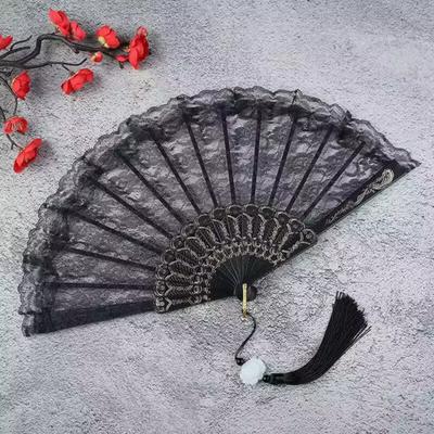 Yousheng Retro Lace Fan Handheld Folding Fan Embroidered Rose Pattern Portable Chinese Decorative Fan Photography Photo Props
