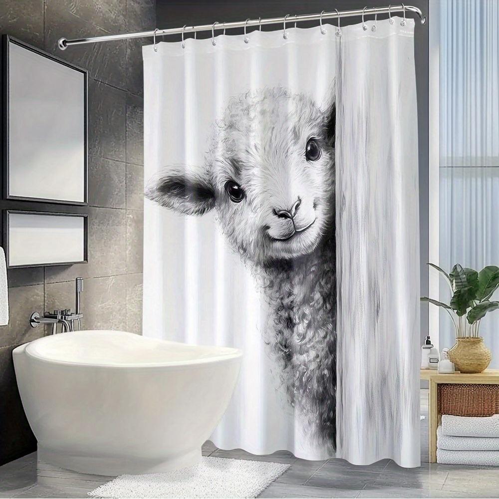 Entzückender Lamm-Duschvorhang - Süße flauschige Schafe spähen hervor, Monochromer Stil, Waschbares Polyester, Badezimmer- oder Gartendekoration