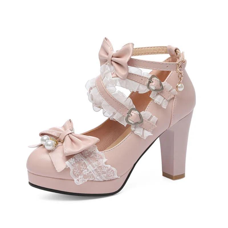 Lolita Japanese Pearl Bow JK Sweet Cute Strap Super High Heeled Round Head Student Shoes Kawaii Girl Tea Party Loli Vintage