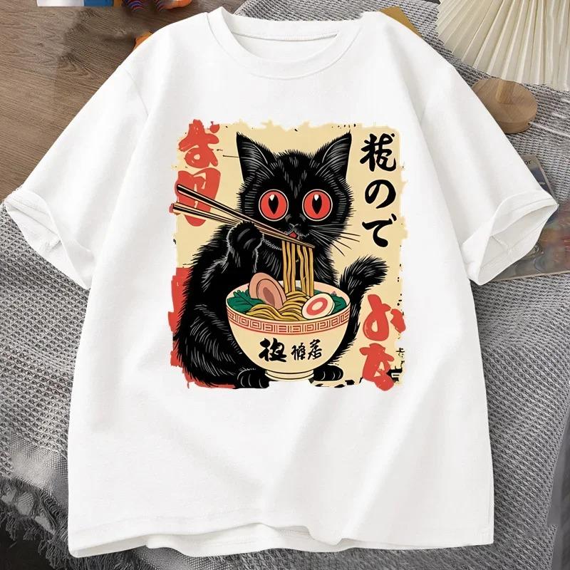 Vintage Japanese Black Cat Ramen T Shirts Cute Graphic Funny Cat Eating Ramen Printing Harajuku Short Sleeve Casual