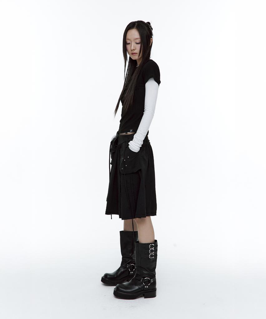 Rough Neck Out-Pocket Pleated Skirt Black
